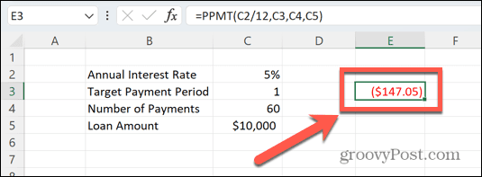 תוצאת Excel PPMT
