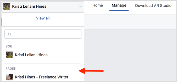 כדי ליצור מסגרת בפייסבוק לאירוע שלך, עבור אל Manage Effects ובחר את עמוד הפייסבוק שלך.