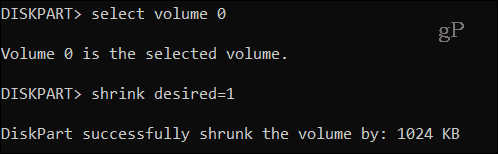 Diskpart shink vol command