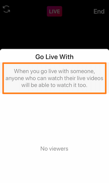 צילום מסך של אינסטגרם לייב המציג את ההודעה, כשאתה עובר לחיות עם מישהו, כל מי שיכול לצפות בסרטונים החיים שלו יוכל לצפות בו גם.