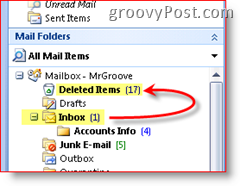 צילום מסך של Outlook 2007 המסביר שפריטים שנמחקו מועברים לתיקיית הפריטים שנמחקו