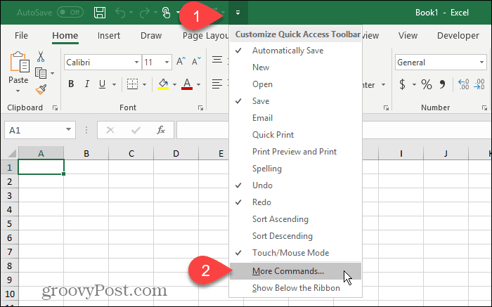 בחר פקודות נוספות בסרגל הכלים לגישה מהירה ב- Excel