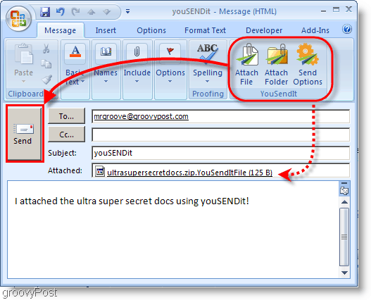 כפתורי YouSendIt ברצועת הכלים של Outlook 2007