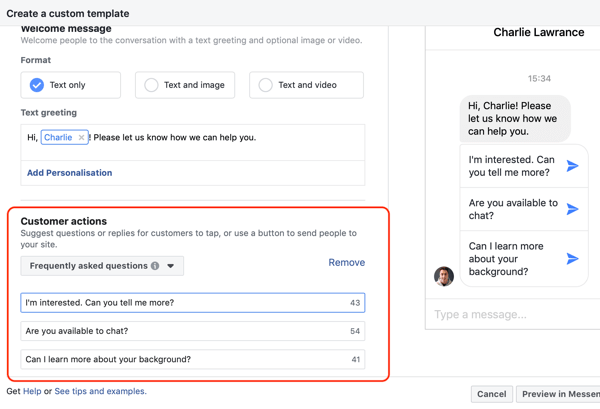 כיצד להמיר מבקרים באתר באמצעות מודעות פייסבוק מסנג'ר, שלב 4, דוגמה להעתקת פעולות הלקוח
