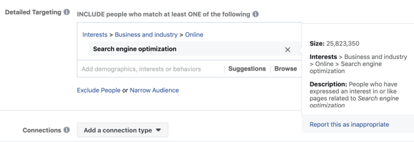 דוגמה למיקוד סטנדרטי בפייסבוק לצורך אופטימיזציה למנועי חיפוש וכתוצאה מכך קהל גדול מדי, 25 מיליון.