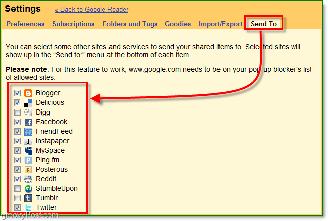 השתמש בכרטיסייה שלח לכרטיס ה- Google כדי לבחור אילו אתרים יופיעו ברשימת 'שלח אל' שלך