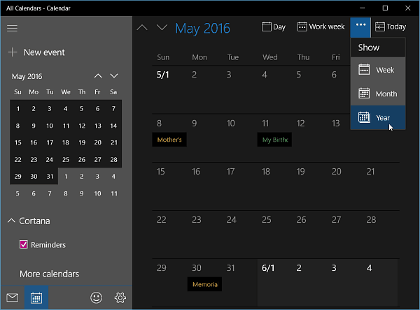 אפליקציית לוח השנה עבור Windows 10 Insider Build 11099 מקבלת תצוגת שנה