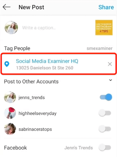 instagram אפשרות פרסום חדשה המציגה מיקום שנבחר לתיוג