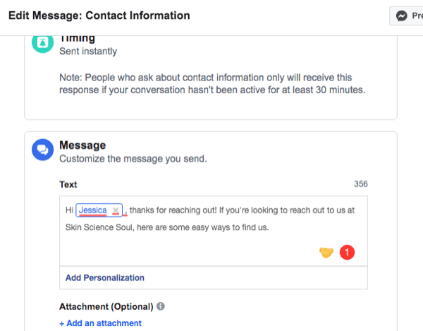 צילום מסך של ממשק ההתקנה למידע ליצירת קשר של פייסבוק Messenger תגובה אוטומטית