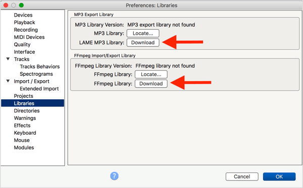 התקן את מקודד ה- LAME MP3 האופציונלי וספריית FFmpeg עם Audacity.