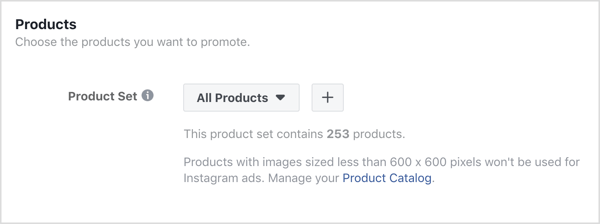 לחץ על + סימן במקטע מוצרים ברמת המודעה של מסע הפרסום שלך בפייסבוק.
