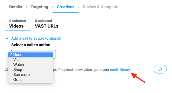 אפשרויות להגדרת קריאה לפעולה עבור הסרטון המתארח בטוויטר עבור מודעת הצפייה בסרטון זורם (Pre-Roll).