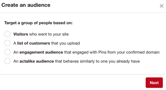 הקהל של Pinterest עובד באופן דומה לקהלים המותאמים אישית של פייסבוק.