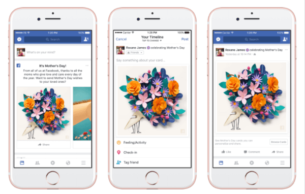 פייסבוק גלגלה קלפים מותאמים אישית, מסכות ועיצוב מסגרות במצלמת הפייסבוק ותגובה זמנית "אסירת תודה" לכבוד יום האם.