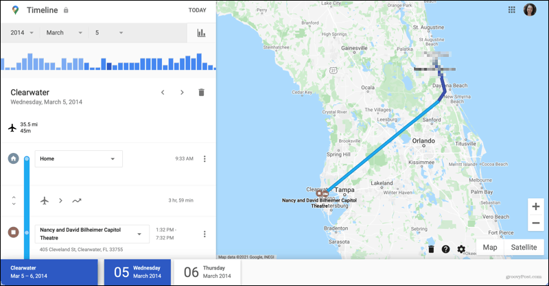 פרטי טיול בציר הזמן של מפות Google