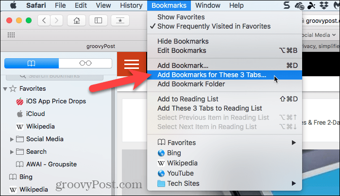בחר הוסף סימניות עבור כרטיסיות אלה בספארי ב- Mac