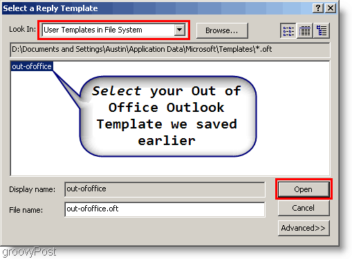 Outlook 2007 - צור כלל Outlook בחר תבנית
