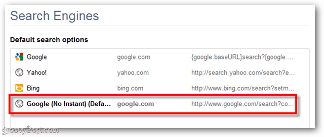 אפשרויות חיפוש של ברירת המחדל של Google Chrome