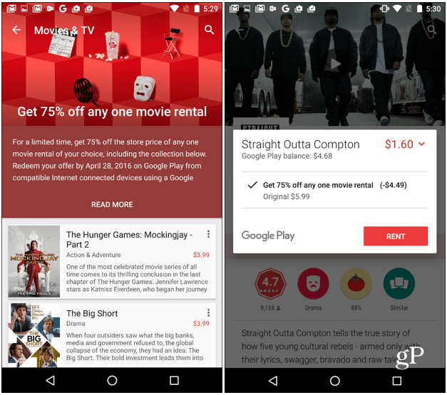 סרטי Google Play מציעים 75% הנחה על כל השכרת סרטים