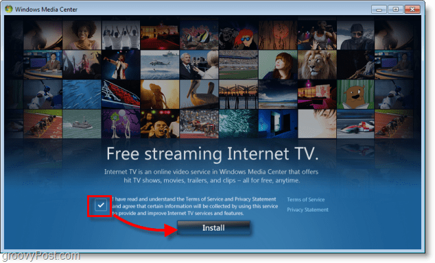 Windows 7 Media Center בדוק ToS וקבלת פרטיות ולחץ על התקן