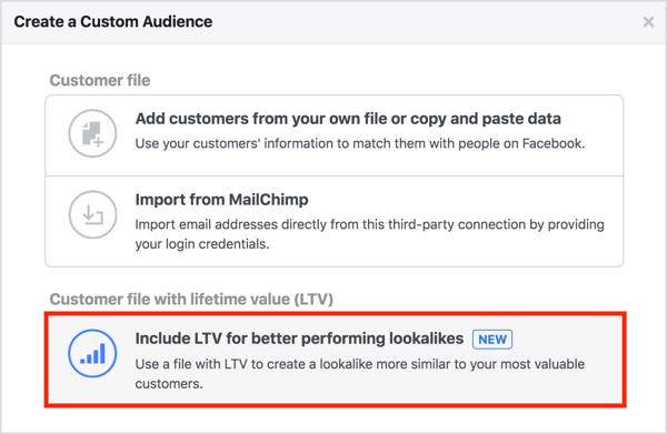 בחר באפשרות כלול LTV לביצועים טובים יותר כאשר אתה יוצר קהל מותאם אישית מרשימת הלקוחות שלך. 