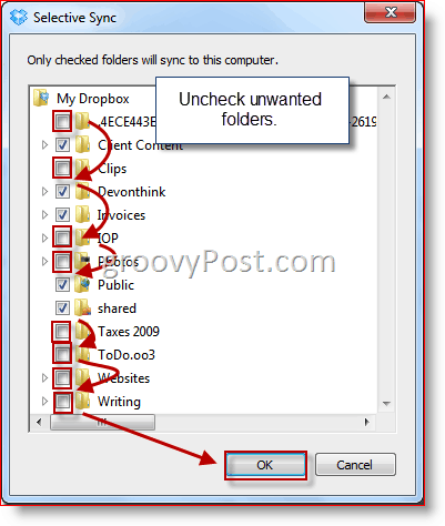 בחירת תיקיית Dropbox של Windows Selective Sync