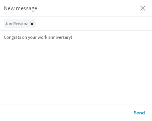 כשלוחצים על כפתור Say Congratats, LinkedIn פותחת הודעה חדשה עם התחלה קצרה.