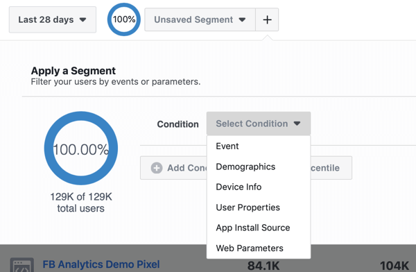 אפשרויות תנאי עבור הפלחים שלך בקבוצות המקור לאירועים שלך ב- Facebook Analytics.