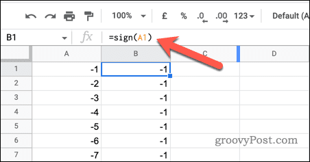 שימוש בפונקציית SIGN ב-Google Sheets