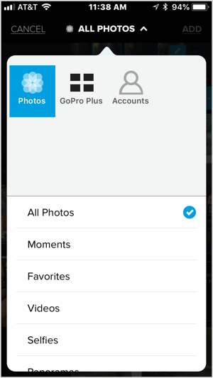 הקש על סמל + ובחר וידאו או חמש תמונות או יותר לייבוא ​​ל- Quik.