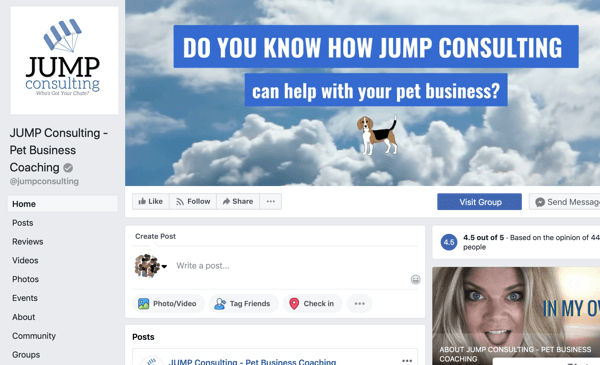 כיצד להשתמש בתכונות של קבוצות פייסבוק, דוגמה לדף פייסבוק עבור JUMP Consulting