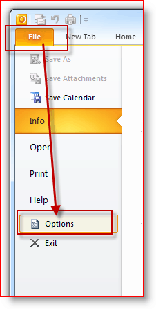 קובץ Outlook 2010, תפריט אפשרויות