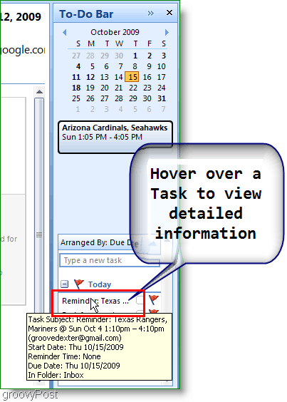 סרגל המשימות של Outlook 2007 - רחף מעל פריט לפרטים נוספים
