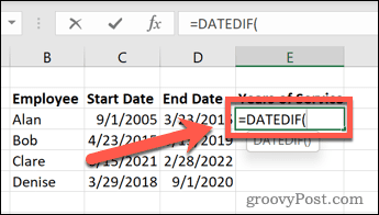 פונקציית Excel datedif