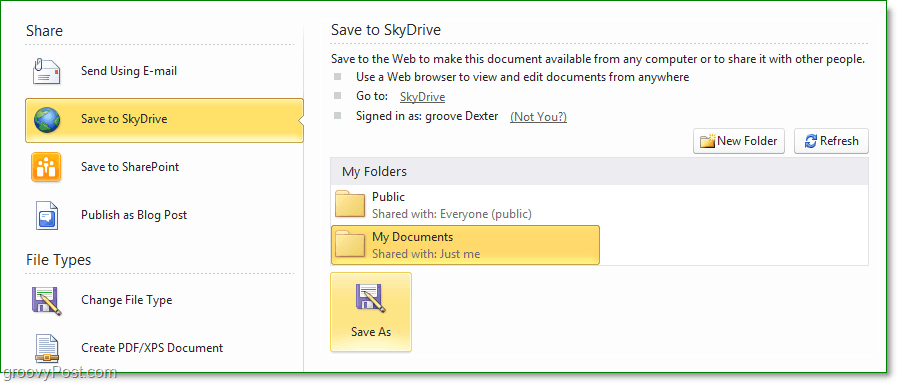 כיצד לשמור קבצים ומסמכים של Microsoft Office 2010 ב- SkyDrive