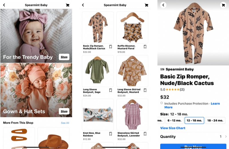 שלוש צילומי מסך המציגים את השלבים השונים של דפי פייסבוק שמפרסמים חנויות עם פריט שניתן לרכוש של חליפת תינוקות בנושא המדבר