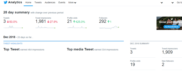 דוגמה לסיכום 28 יום ב- Twitter Analytics.