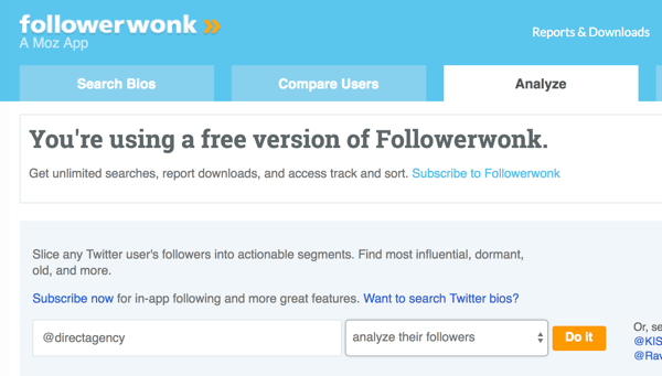 בחר את חשבון הטוויטר שברצונך לנתח באמצעות Followerwonk.
