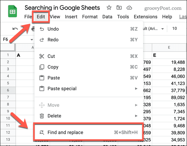 פתיחת הכלי חיפוש והחלפה ב-Google Sheets