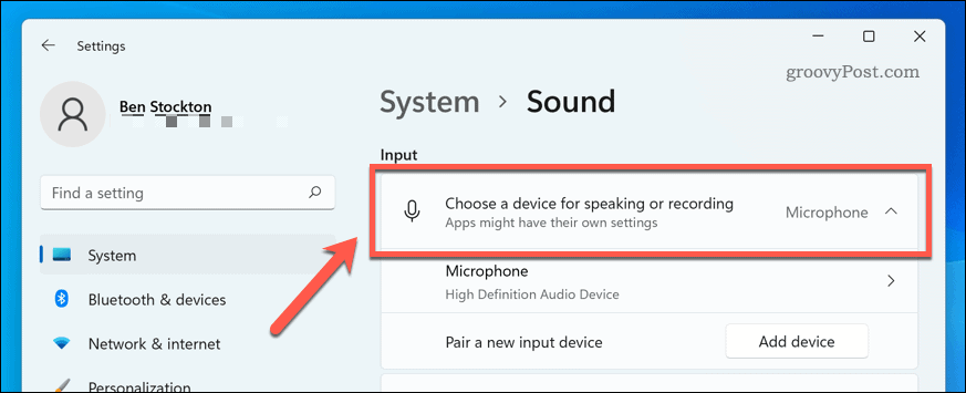 בחירת התקן קלט קול ב-Windows 11