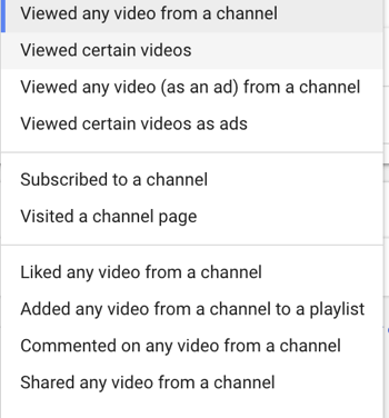 כיצד להגדיר קמפיין למודעות YouTube, שלב 27, להגדיר פעולת משתמש ספציפית לרימרקטינג