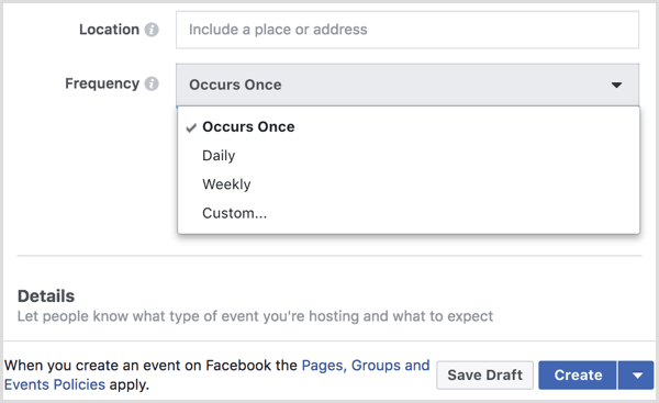 בחר מרווח מתפריט התדרים כדי ליצור אירוע חוזר עם דף הפייסבוק