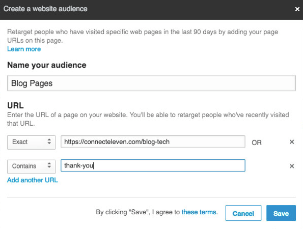 אתה יכול להוסיף מספר כתובות אתרים כדי למקד מחדש עם קהלים תואמים של LinkedIn.