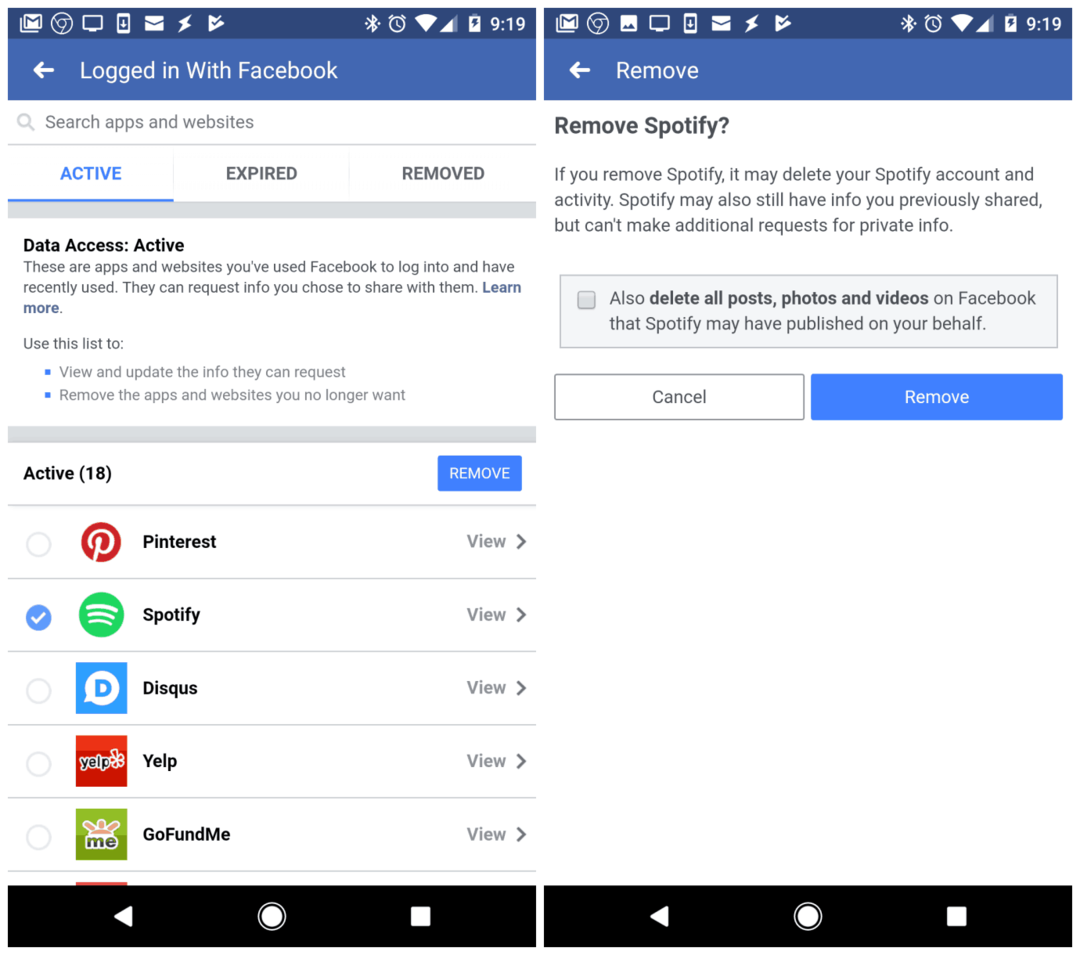 ביטול הקישור של Spotify באפליקציה לנייד של פייסבוק