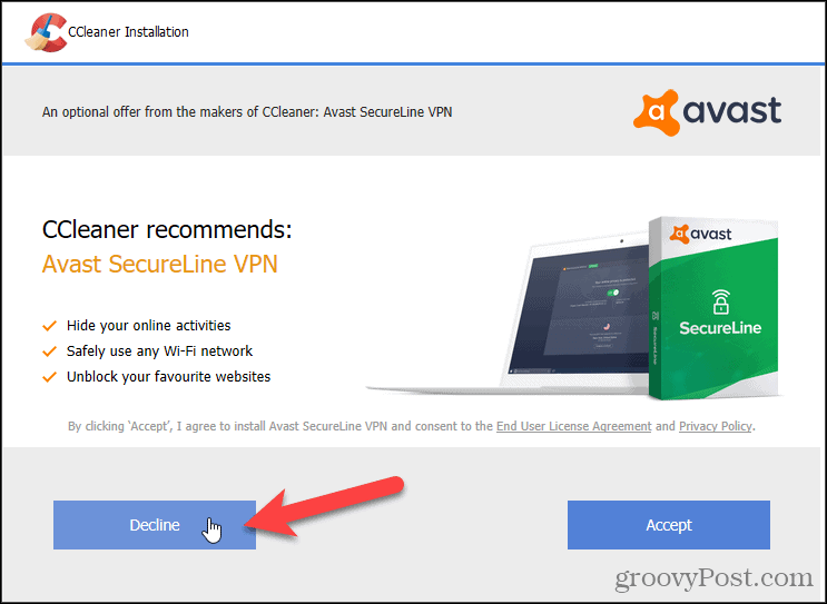 דחה את Avast VPN ב- CCleaner