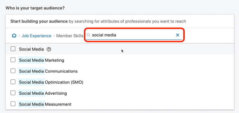 צילום מסך של תוצאות חיפוש למיומנויות חבר 'מדיה חברתית' ב- LinkedIn