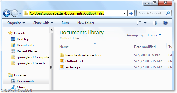 תיקיית קבצי pst של Outlook 2010 כברירת מחדל 