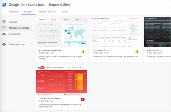 גוגל וקהילת Google Data Studio מספקים תבניות מובנות מראש שתוכלו להתחיל איתן.