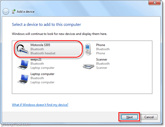 לחץ על מכשיר ה- Bluetooth שלך מ- Windows 7 הוסף אשף התקנים ולחץ על הבא