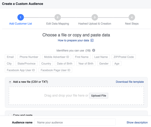 בעת יצירת קהל מותאם אישית של פייסבוק מרשימת הדוא"ל שלך, תוכל לשפר את שיעור ההתאמה שלך באמצעות מזהים נוספים.